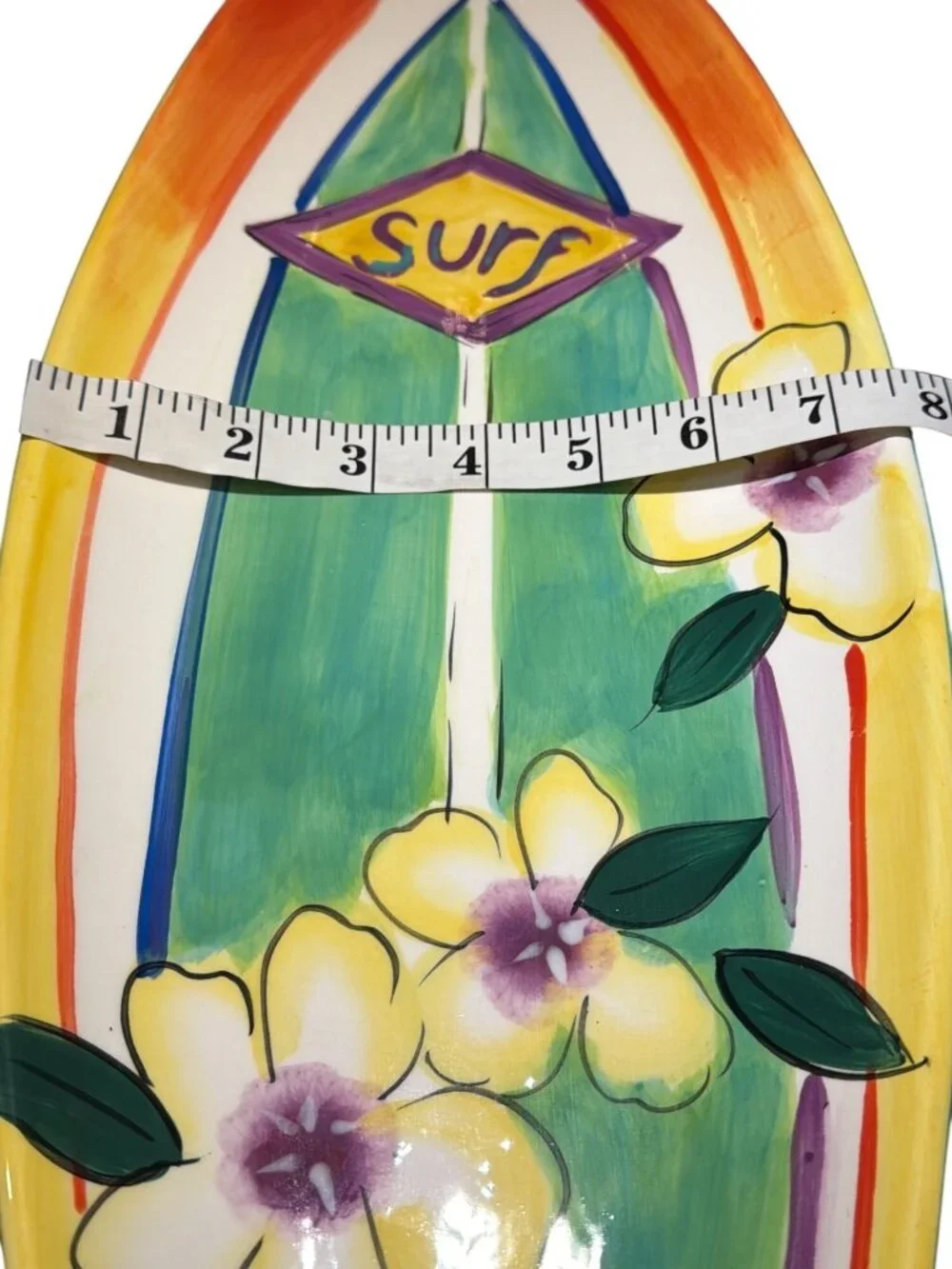 Clay Art Surfs Up Hand-Painted Surfboard Platter StoneLite Ceramic 19